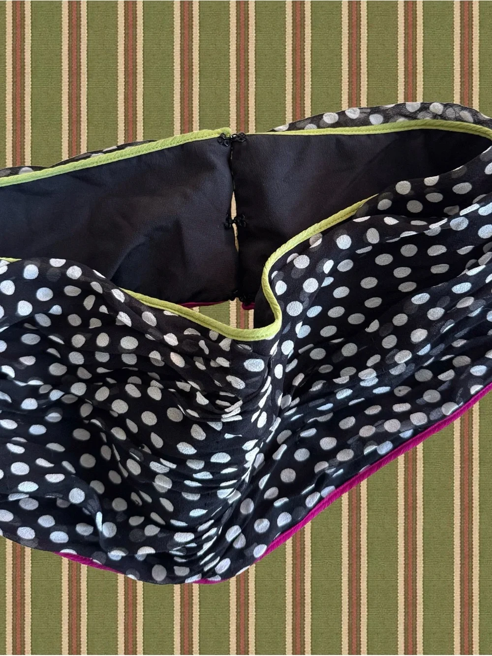 Silk Black & White Polka Dot Cummerbund Belt with Pink and Green Piping Detail